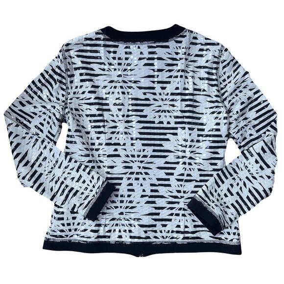 Joseph Ribkoff Full Zip Vinyl Shimmer Striped Floral Jacket Black White Size 12 - Picture 3 of 15